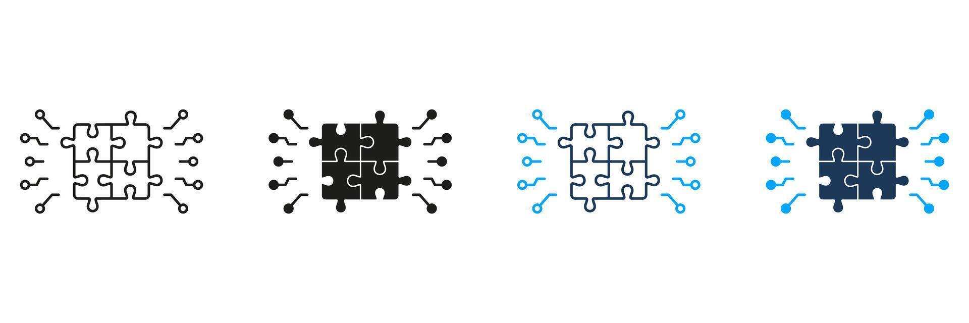 Digital Square Jigsaw Line and Silhouette Icon Set. Puzzle Challenge, Teamwork, Logic Game, Idea Sign. Combination Solution, Pieces Match Icon. Editable Stroke. Isolated Illustration vector