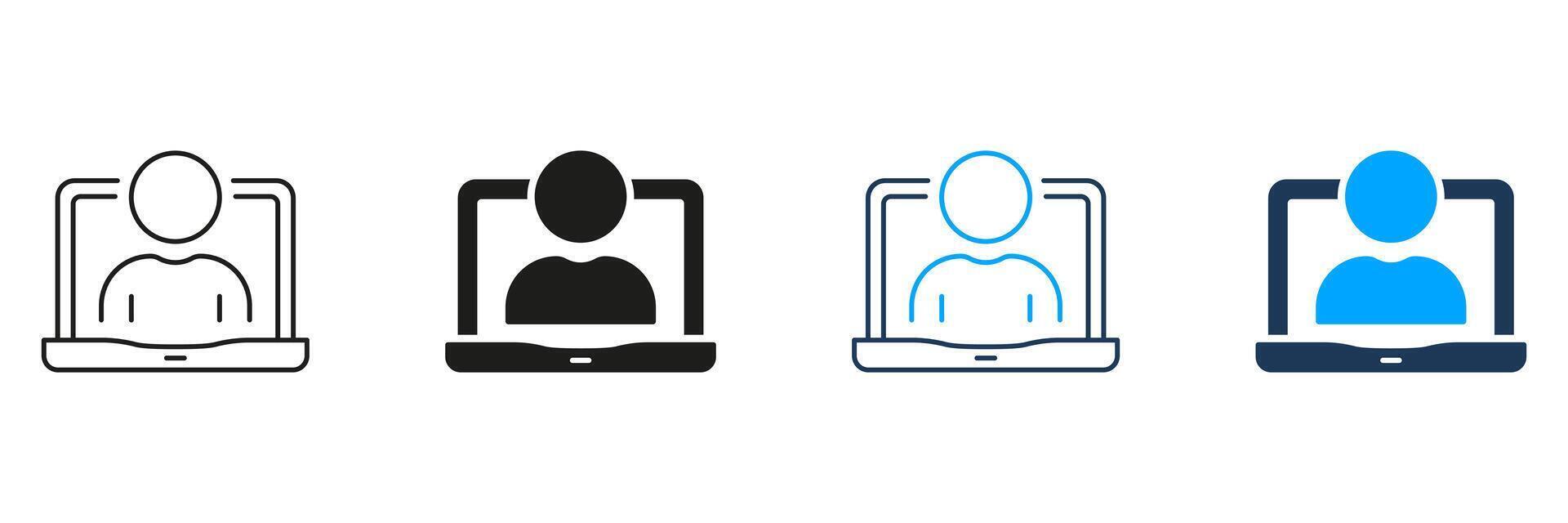 Person in Laptop Line and Silhouette Icon Set. Online Conference. Computer User, Business Network Pictogram. Remote Employee Symbol. Editable Stroke. Isolated Illustration vector