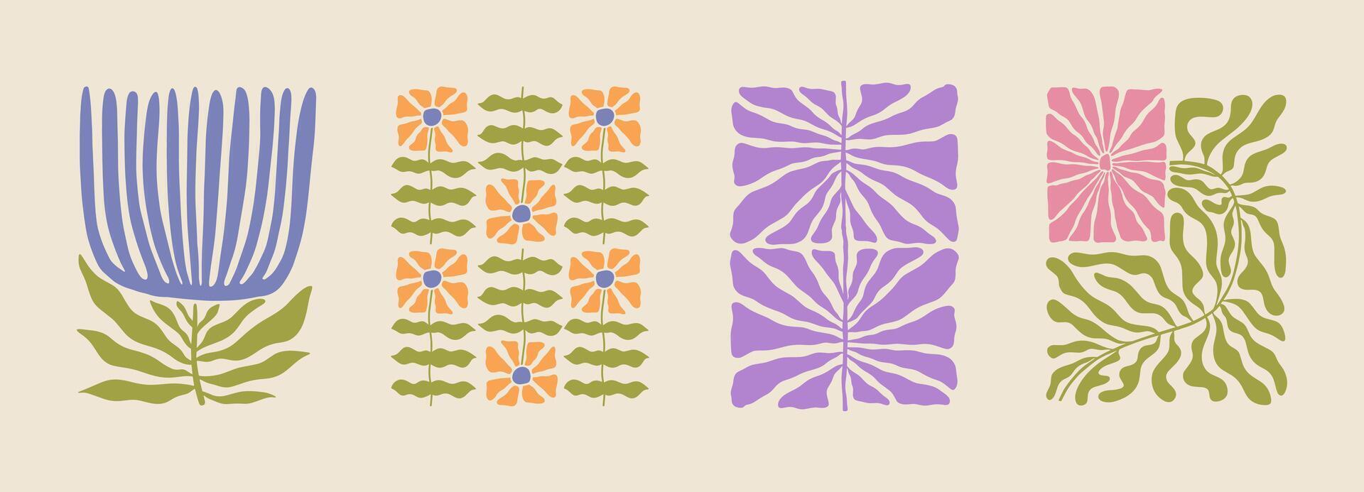 Trendy aesthetic posters with abstract groovy floral shape with flowers and leaves. Simple irregular wild plants. Naive funky prints for wall art, interior decorations. Boho summer illustrations vector