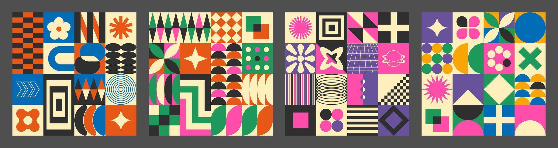 Abstract simple geometric seamless pattern with figure, form, shapes, circle and lines in Bauhaus style. Vibrant grunge geometry brutalism y2k 2000s print. Modern collage illustration vector