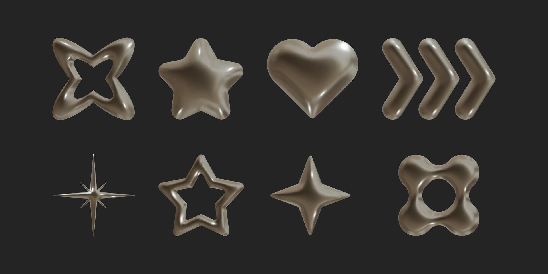 Set of Y2k geometric 3D render bronze shapes trendy retro futuristic design elements, infographic shapes. Modern concept with symbols and objects, star, heart illustration for UI and UX vector