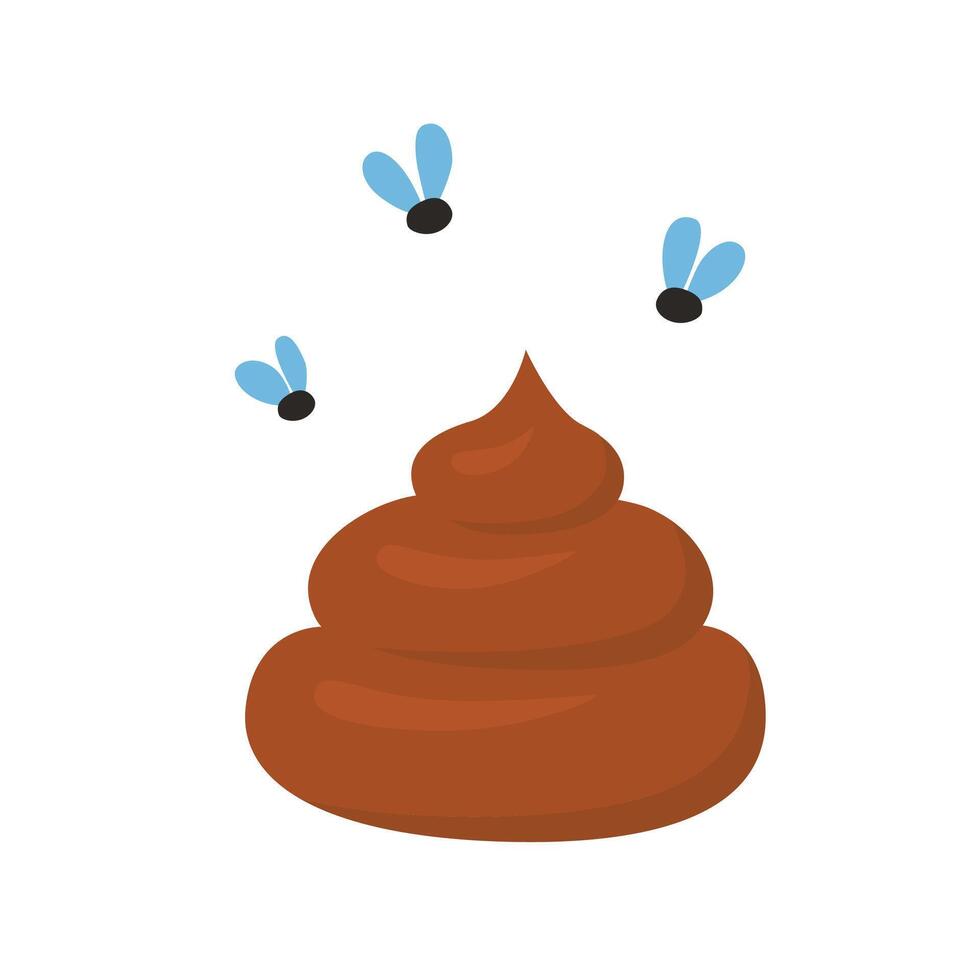 Fly around the brown stinky poop. Dog excrement. Insect flying at the turd. vector