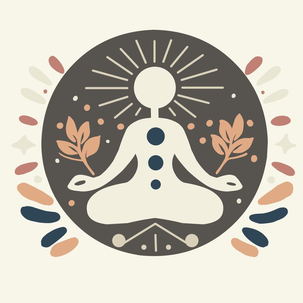 Round yoga illustration with plants and graphic elements. Concept of concentration, tranquility and harmony. Yogi in lotus pose icon. Colourful vector