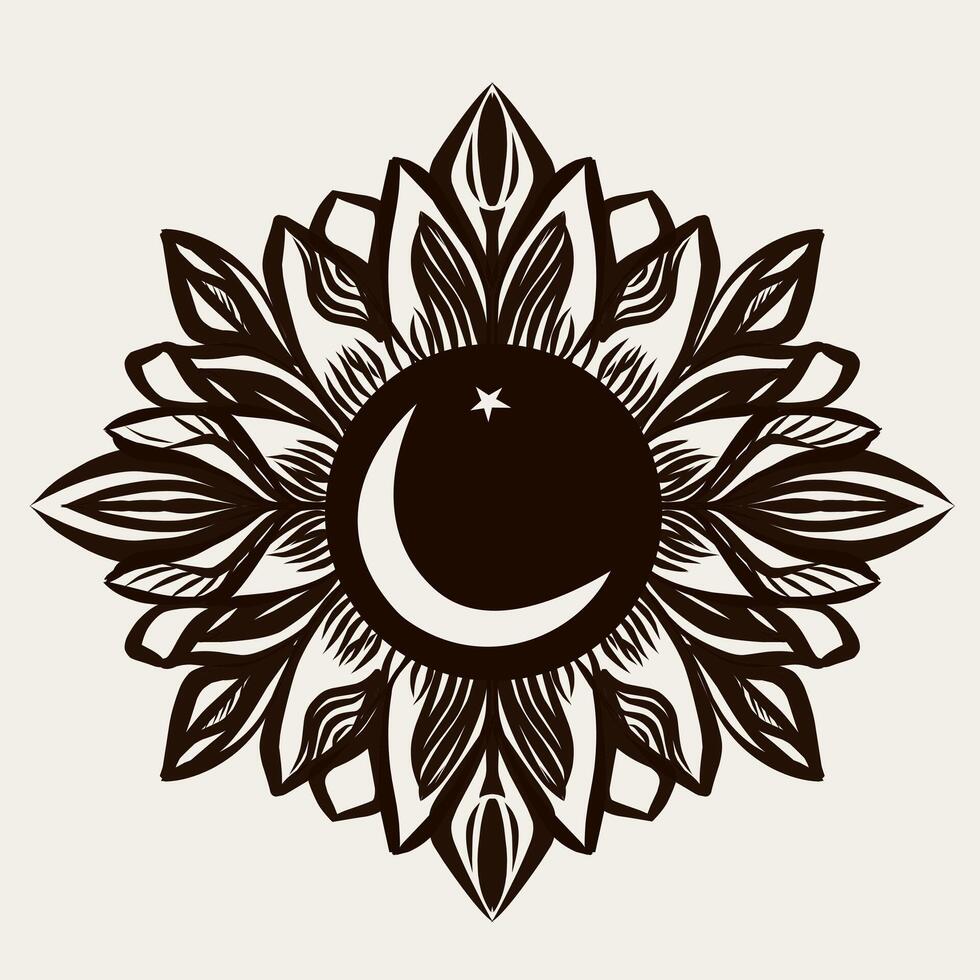Round lotus illustration. A plant that conveys harmony and tranquility. Inside denotes moon and star. Black and white vector