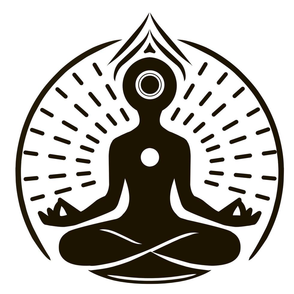 A circular illustration of yoga with graphic elements. Concept of concentration, tranquility and harmony. Yogi in lotus pose. Black and white vector