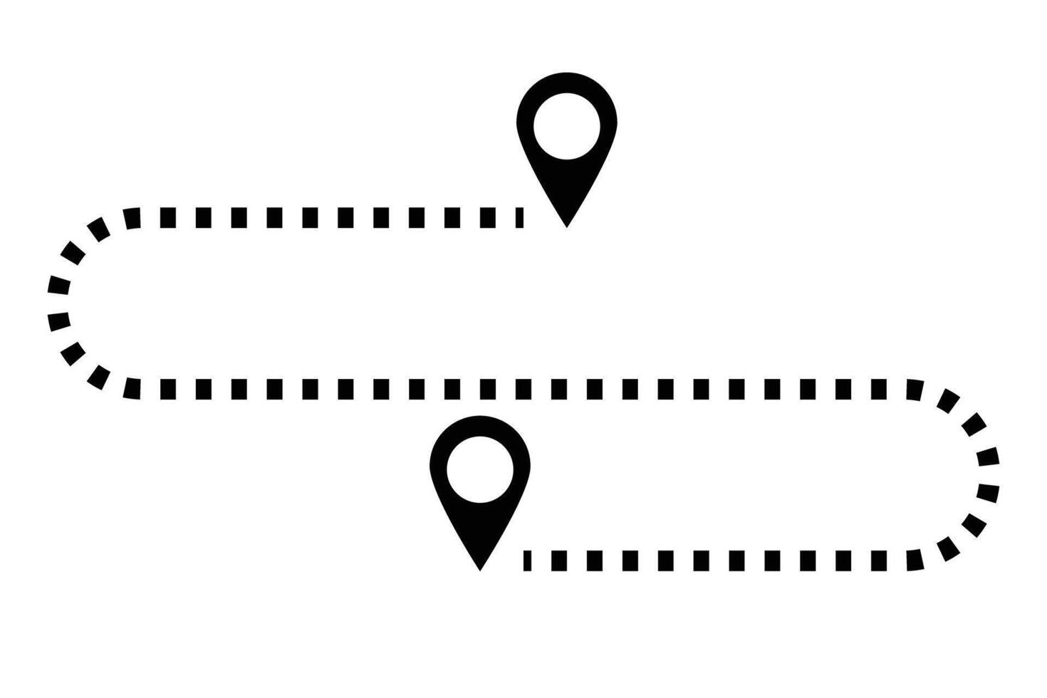A dotted line connecting a map pin to a map pin. Distance. vector