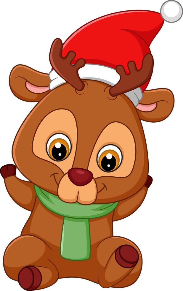Cute reindeer in green scarf and santa hat is sitting vector