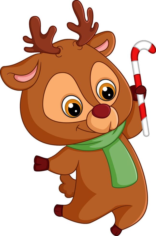 Cute deer with green scarf holds candy stick happily vector