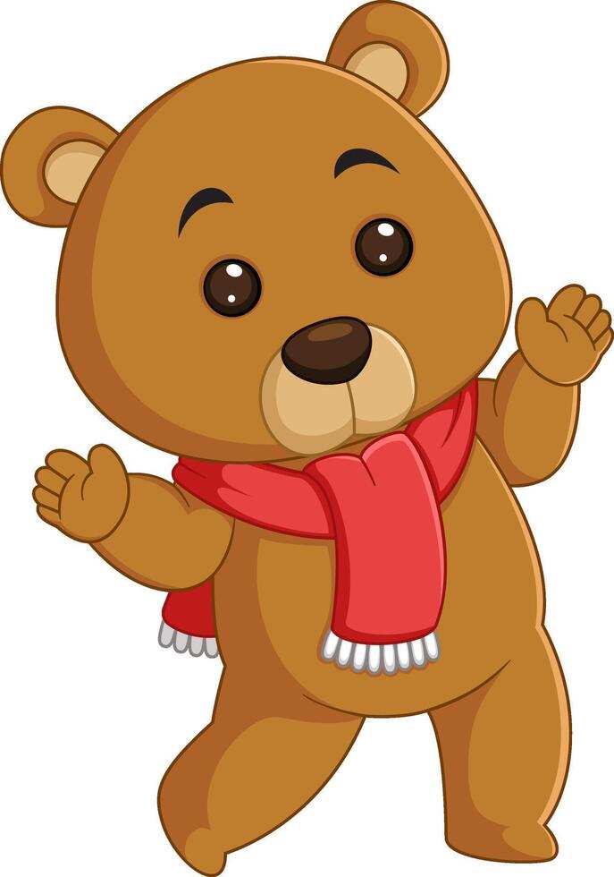 Cute bear with red scarf smiles warmly in snow vector