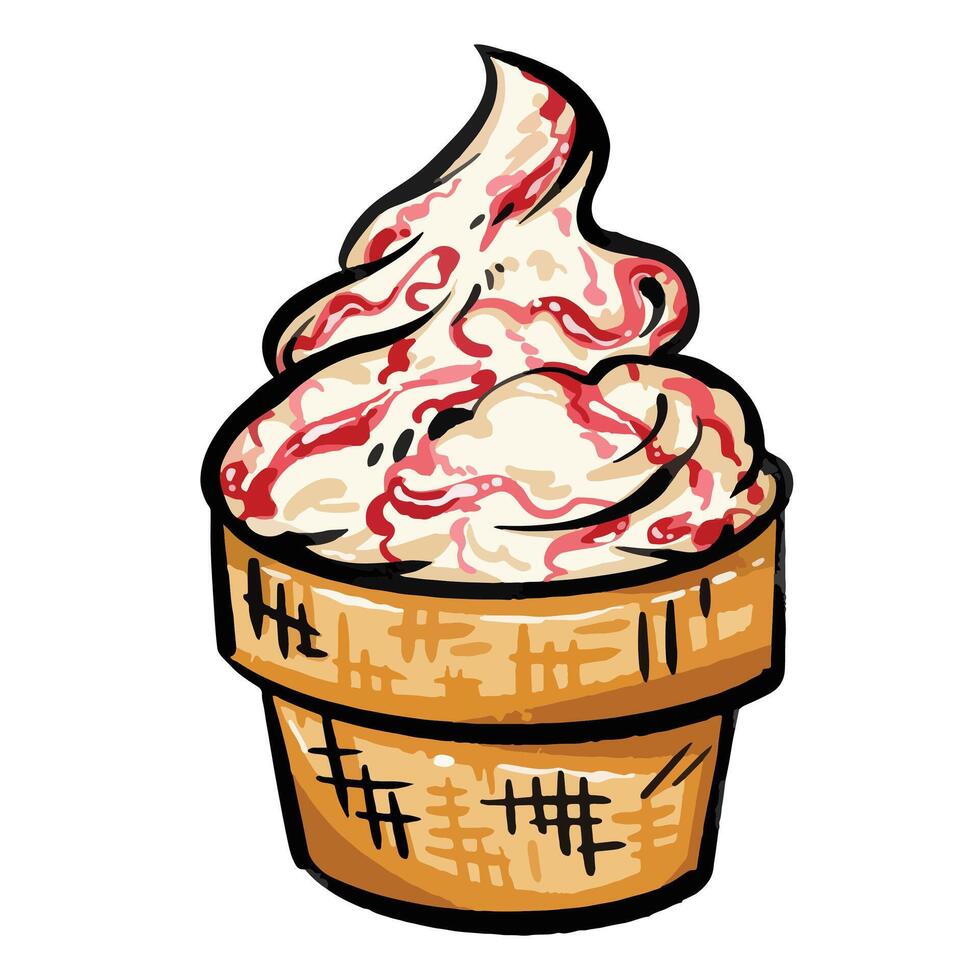 Ice cream cone vanilla sundae strawberry food illustration isolated on square white background. Flat cartoon art styled drawing. vector