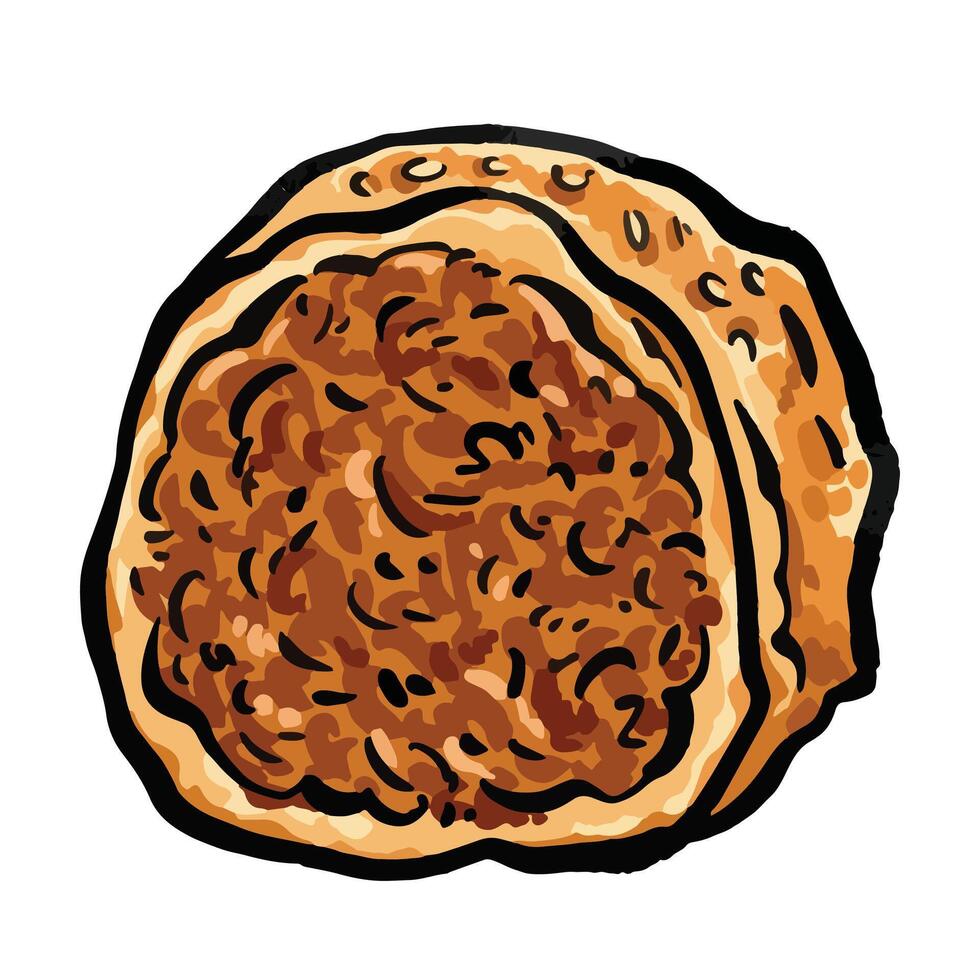 Round beef floss bread food illustration isolated on square white background. Simple flat roti abon sapi cartoon art styled drawing. vector