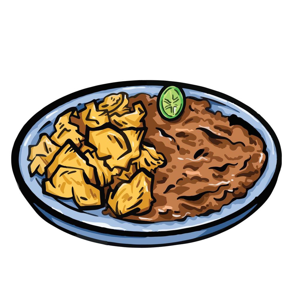 Batagor with saos kacang food illustration isolated on square white background. Flat cartoon art styled drawing. vector