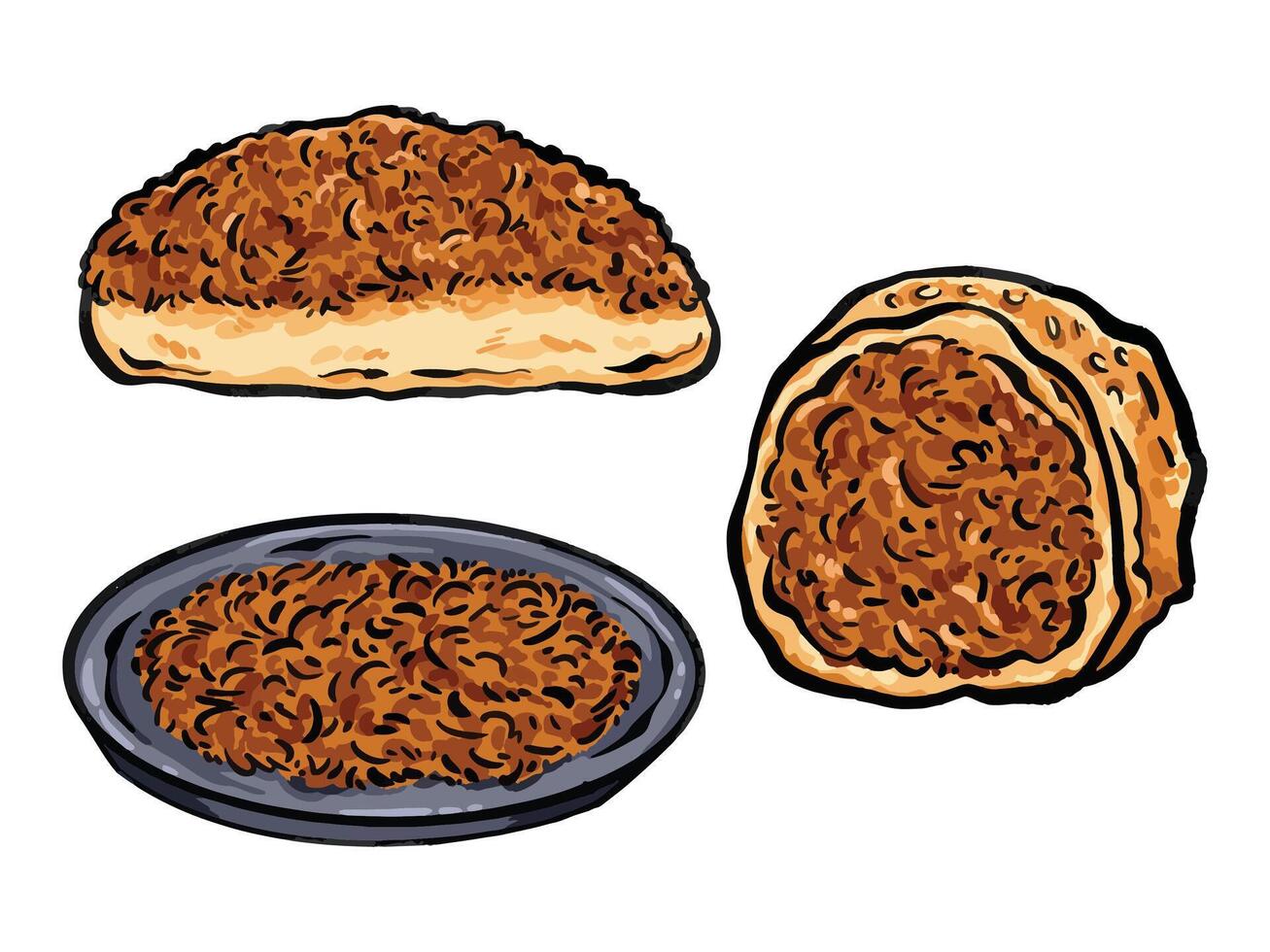 Beef floss bread and dish food illustration collection set isolated on horizontal white background. Simple flat cartoon art styled drawing. vector