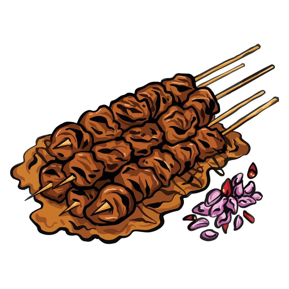 Sate ayam saus kacang. Chicken satay food illustration isolated on square white background. Flat outlined indonesian food with cartoon art styled drawing. vector