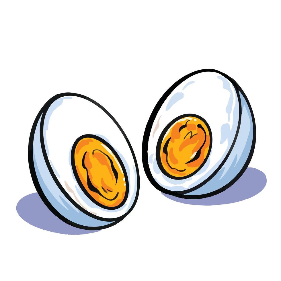 Sliced in half boiled egg food illustration isolated on square white background. Flat cartoon art styled drawing. vector