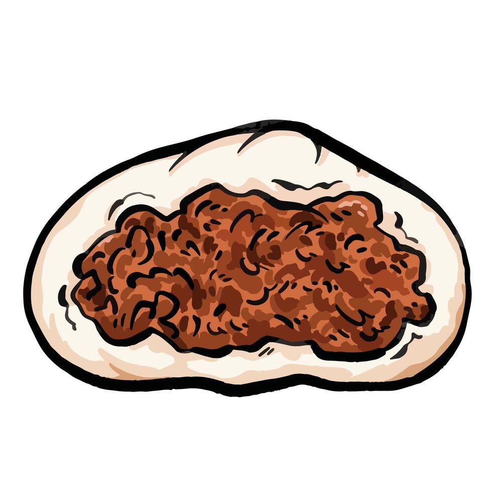 Beef or pork meat bun. Bakpao daging food illustration isolated on square white background. Simple flat cartoon art styled drawing. vector