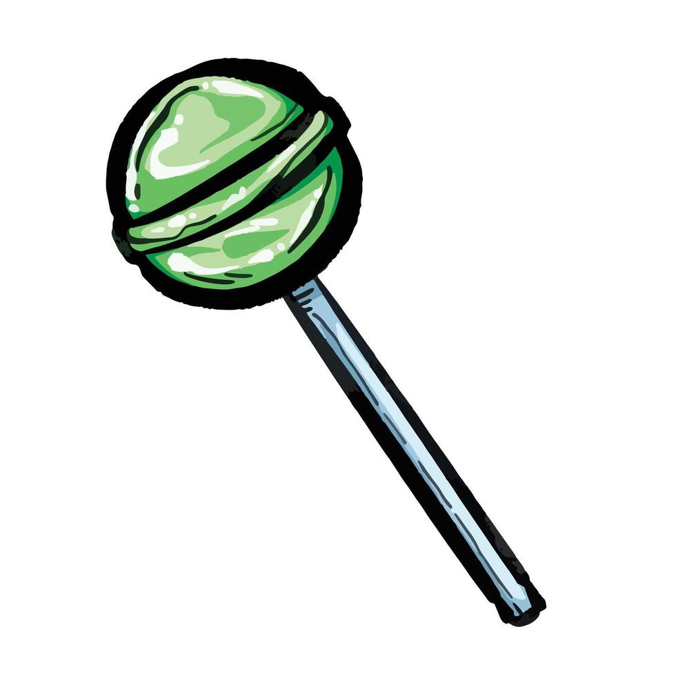 Green melon or lime flavored lolipop candy illustration isolated on square white background. Flat outlined cartoon art styled drawing. vector
