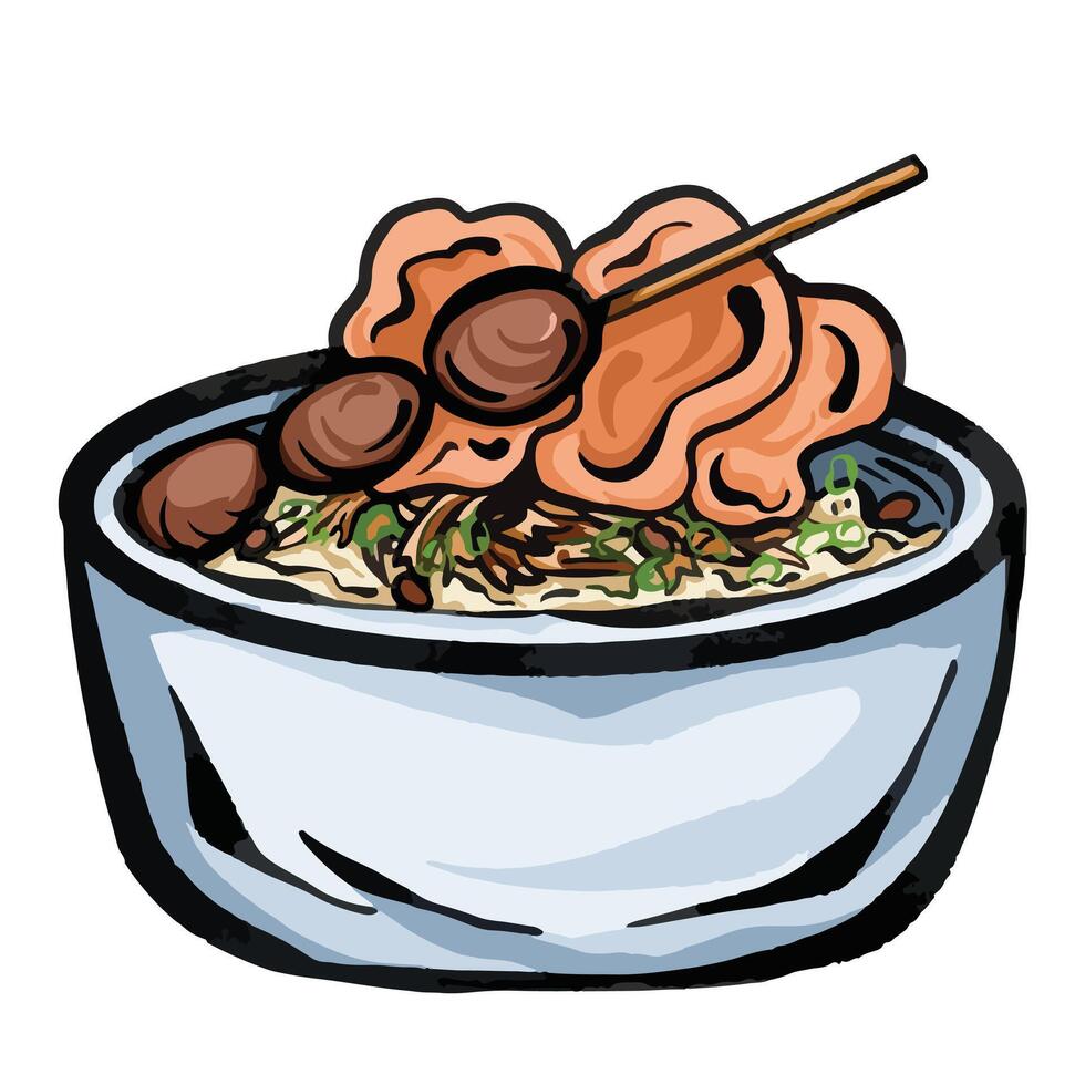 Bubur ayam with sweet soy sauced quail egg satay skewer and crackers. Chicken porridge bowl food illustration isolated on square white background. Flat outlined cartoon art styled drawing. vector
