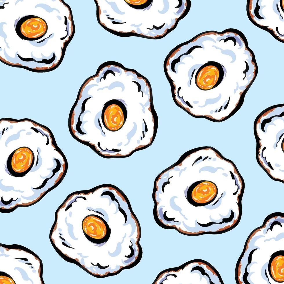 Fried sunny side up cooked egg food illustration pattern isolated on square light blue background. Flat cartoon art styled drawing. vector