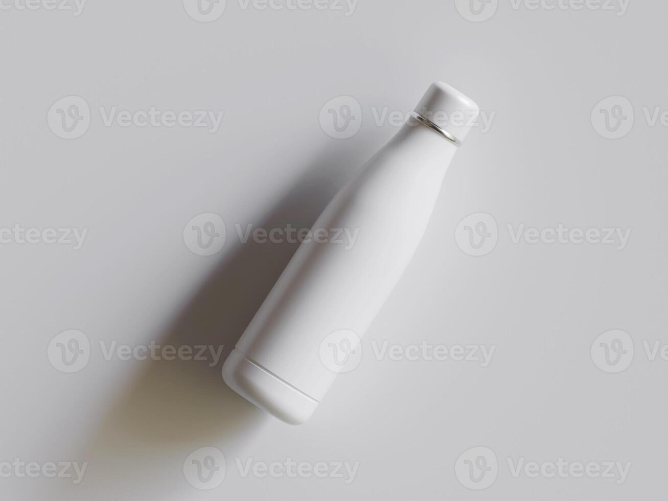 Water bottle Steel metal thermo flask, 3d render mockup. Reusable stainless steel sport bottle, isolated on gray. Gym or travel water container, closed with cap, portable blank template photo