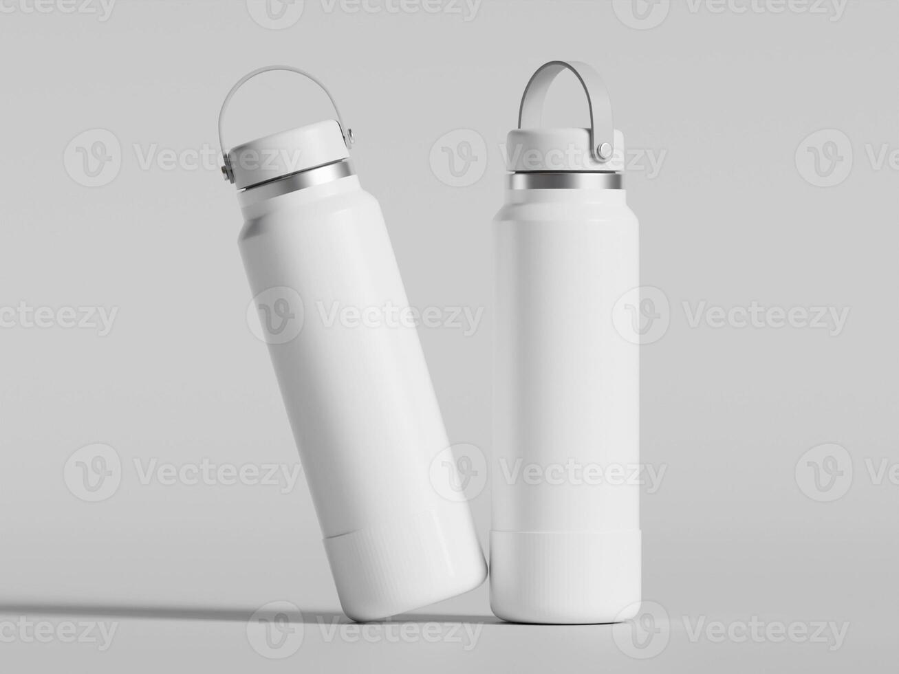White reusable water bottle realistic render on gray background photo