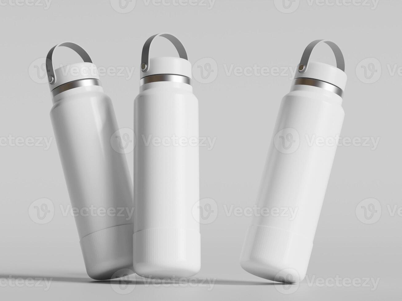 White reusable water bottle realistic render on gray background photo