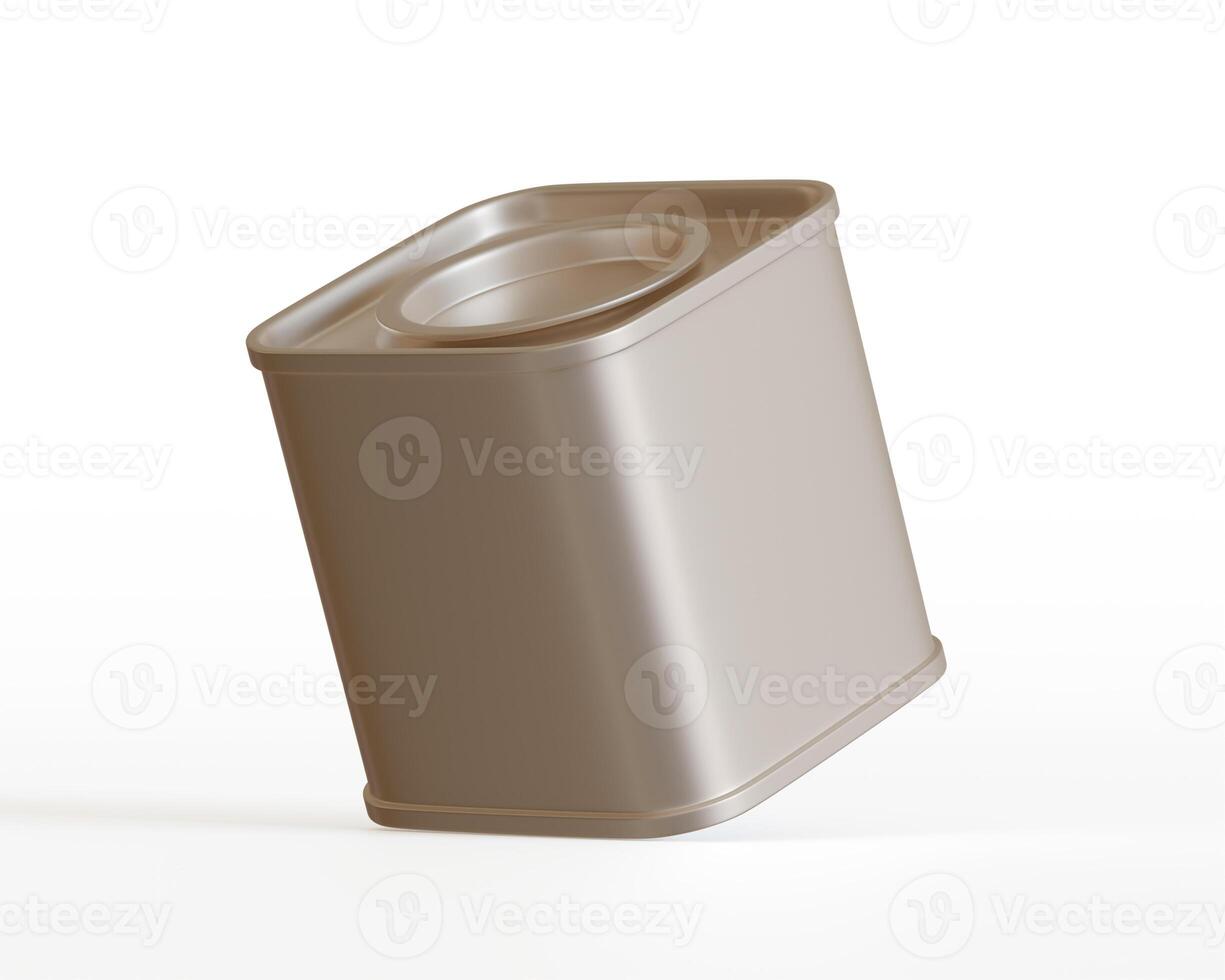 Tea tin square metal texture packaging on gray background 3D render illustration photo