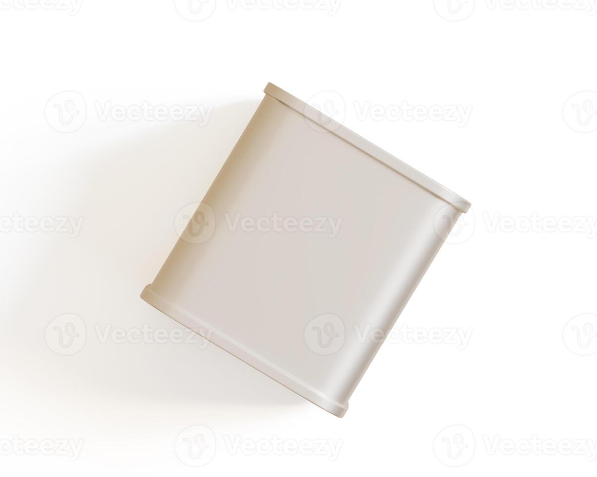 Tea tin square metal texture packaging on gray background 3D render illustration photo