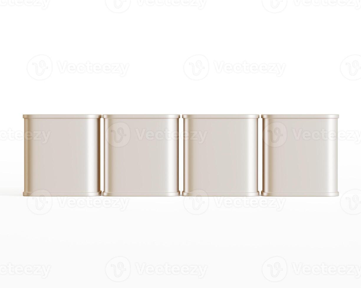 Tea tin square metal texture packaging on gray background 3D render illustration photo