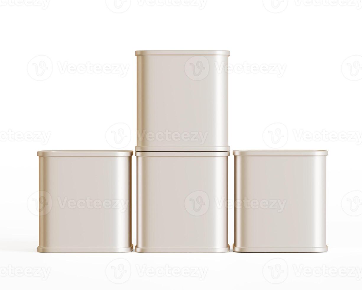 Tea tin square metal texture packaging on gray background 3D render illustration photo