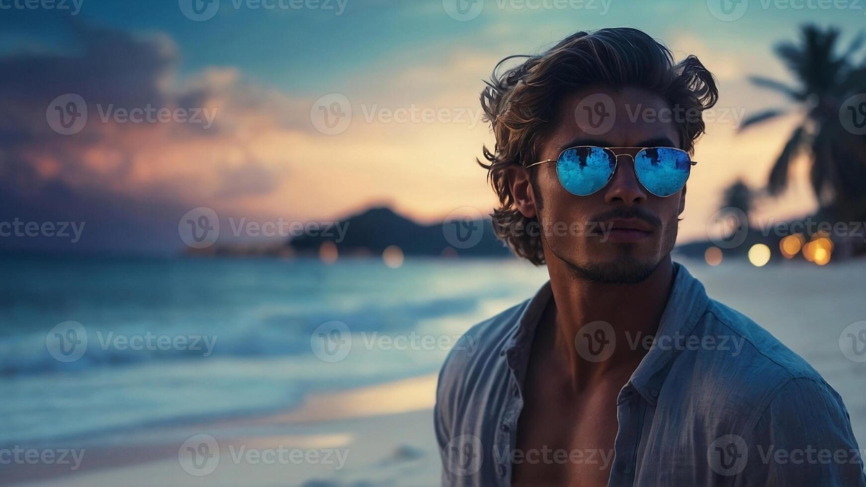 handsome man in sunglasses on the beach - blonde hunk man on the beach - blonde hunk guy on the beach photo