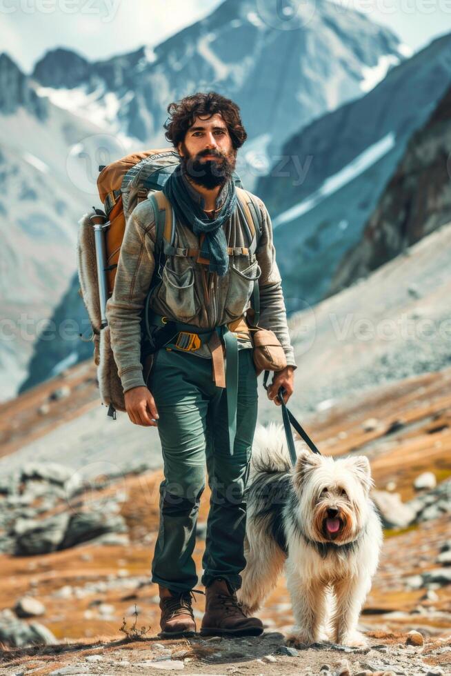 man with black hair and beard with large hiking backpack and shaggy bobtail dog on leash walking in a mountain valley photo