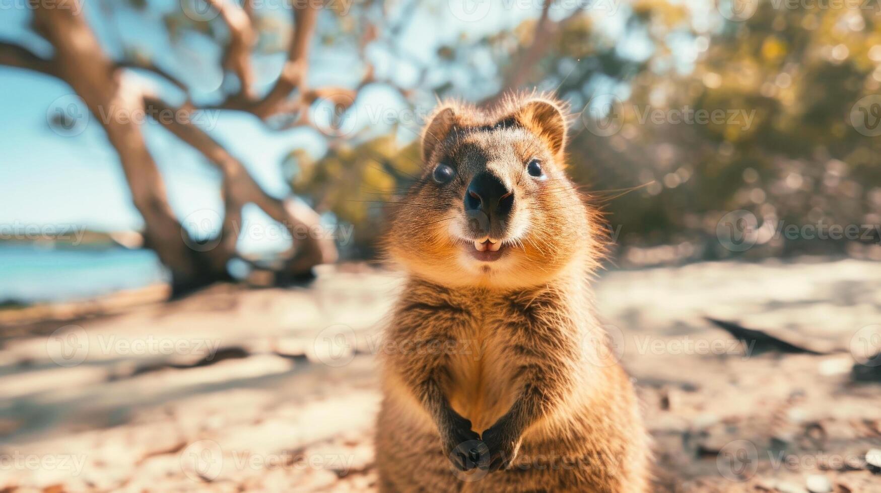 Cute animal quokka on the sandy beach close-up looking at the camera photo