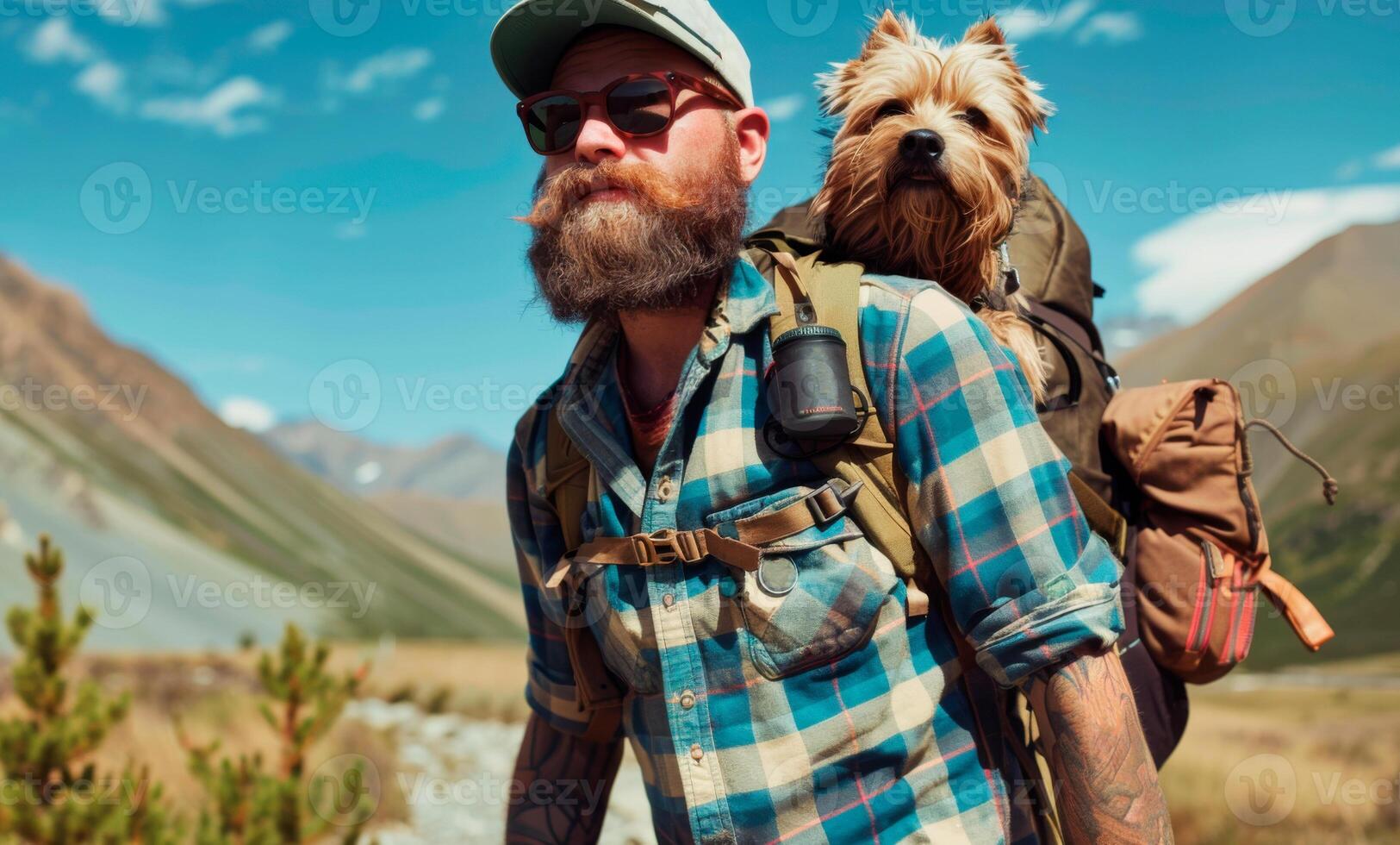 male tourist in cap and sunglasses in blue checkered shirt walking in the mountains with fluffy bearded terrier dog in a backpack Hiking with dog Active lifestyle photo