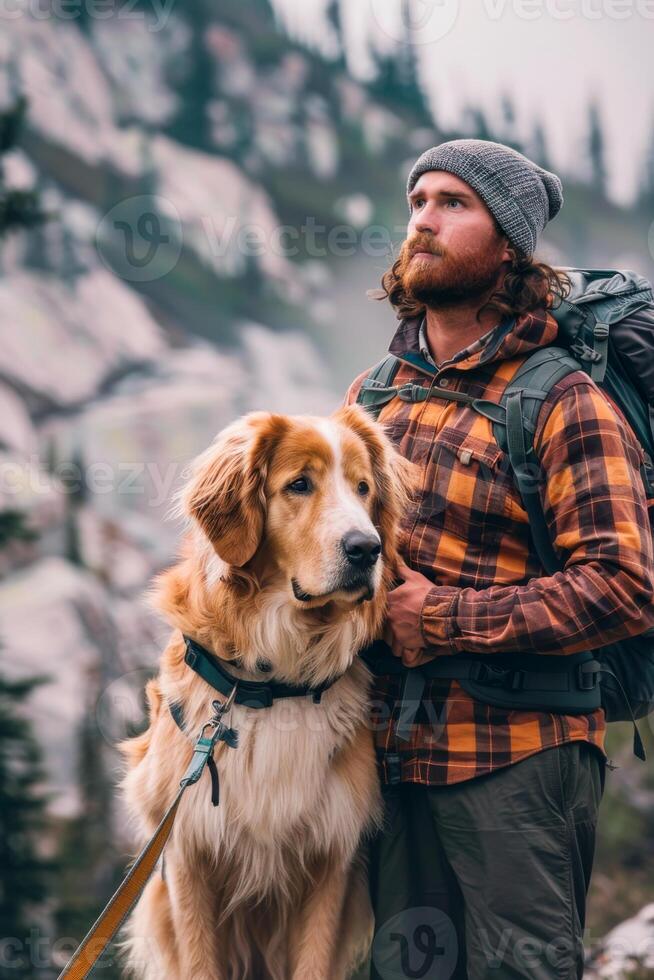 Bearded young man in a red plaid shirt with a backpack on a mountain hike with large red retriever dog photo