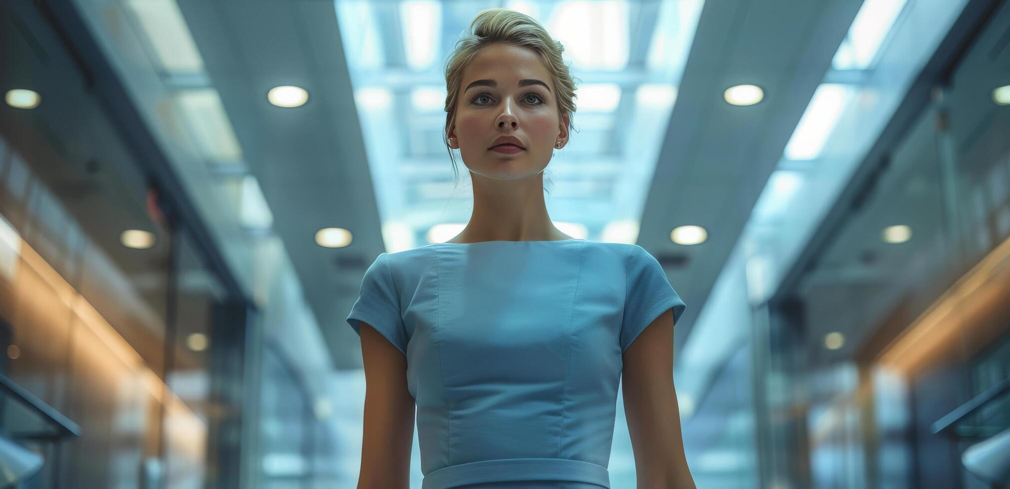 Blonde Woman In Blue Dress Walking Through Modern Building photo