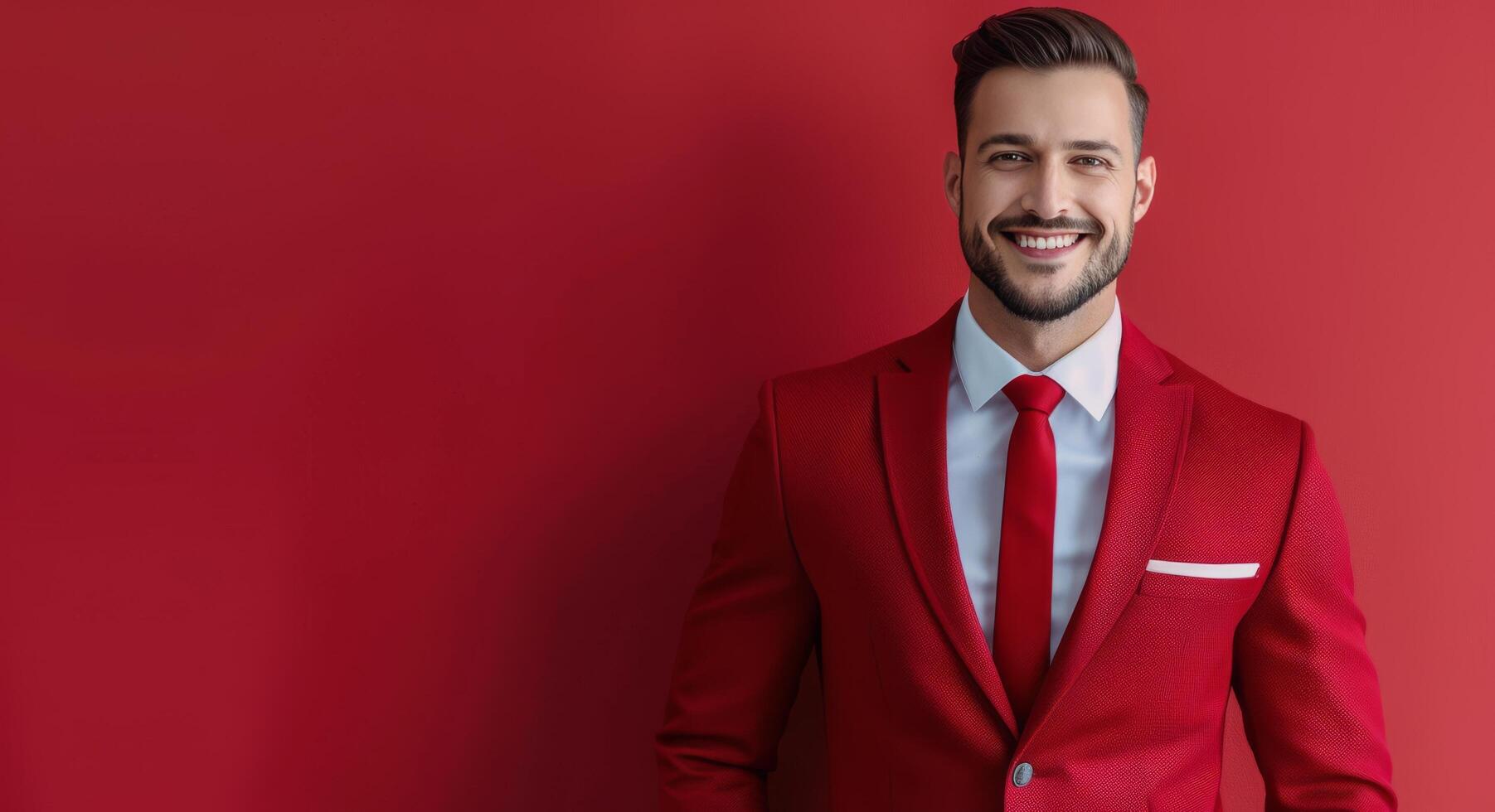 Man in Red Suit Smiling Against a Red Background photo