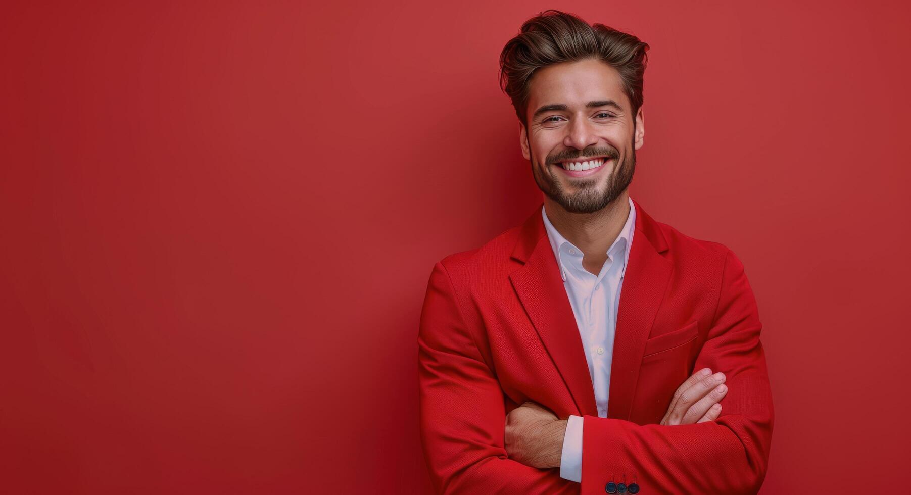 Man in Red Suit Smiling Against a Red Background photo