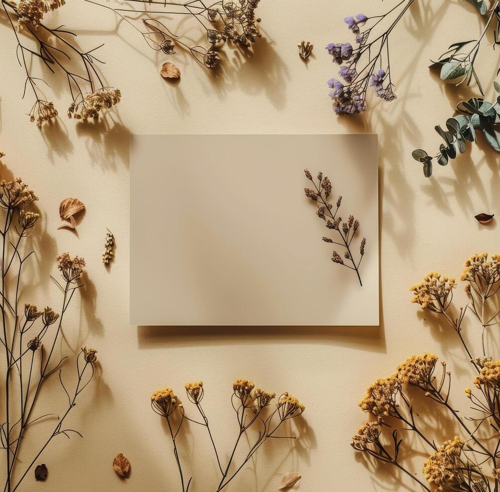 Dried Flower Arrangement With a Blank Card on a Beige Background photo