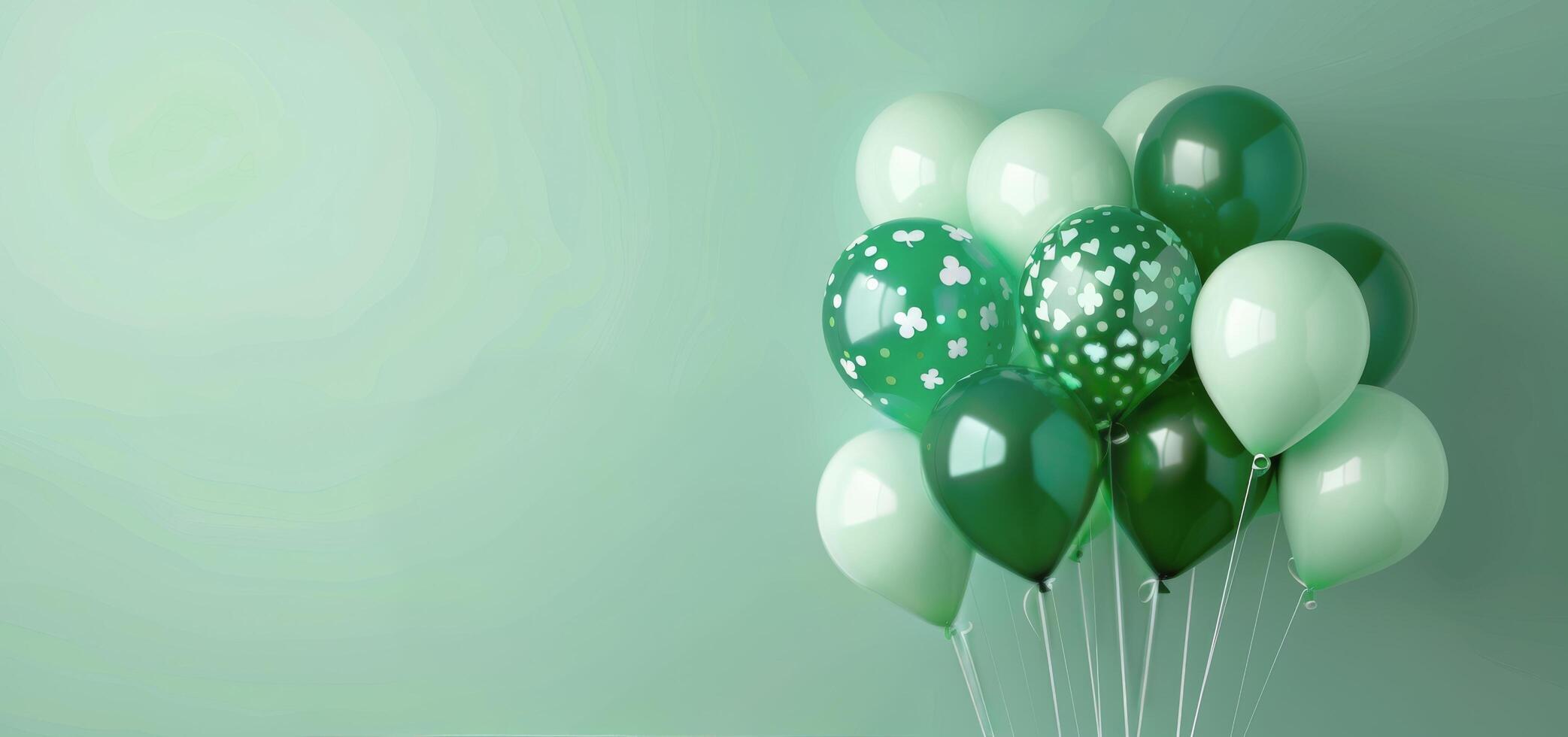 Green Balloons With Shamrock Patterns Against A Green Wall photo