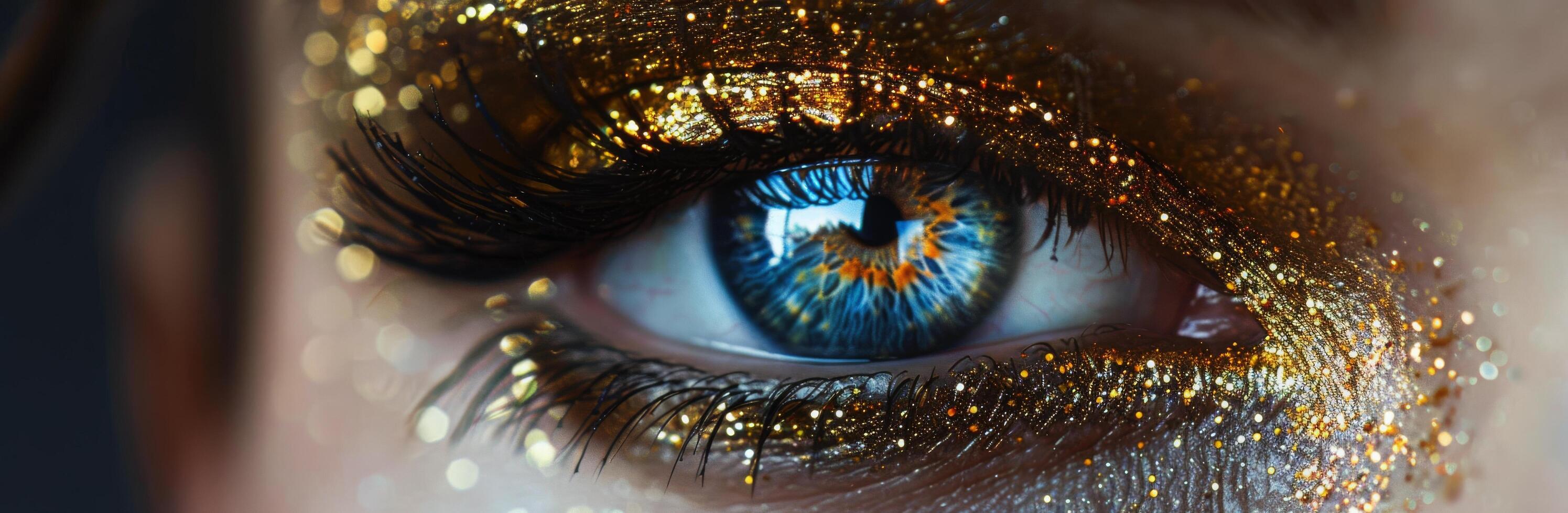 Close Up of Blue Eye With Gold Glitter Makeup photo