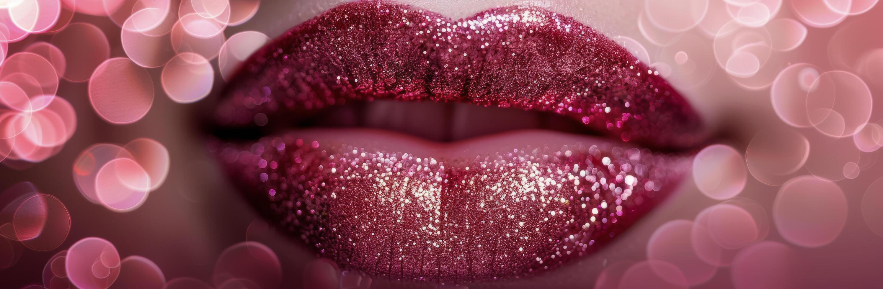 Close Up Of Red Lips With Glitter Against A Blurred Pink Background photo