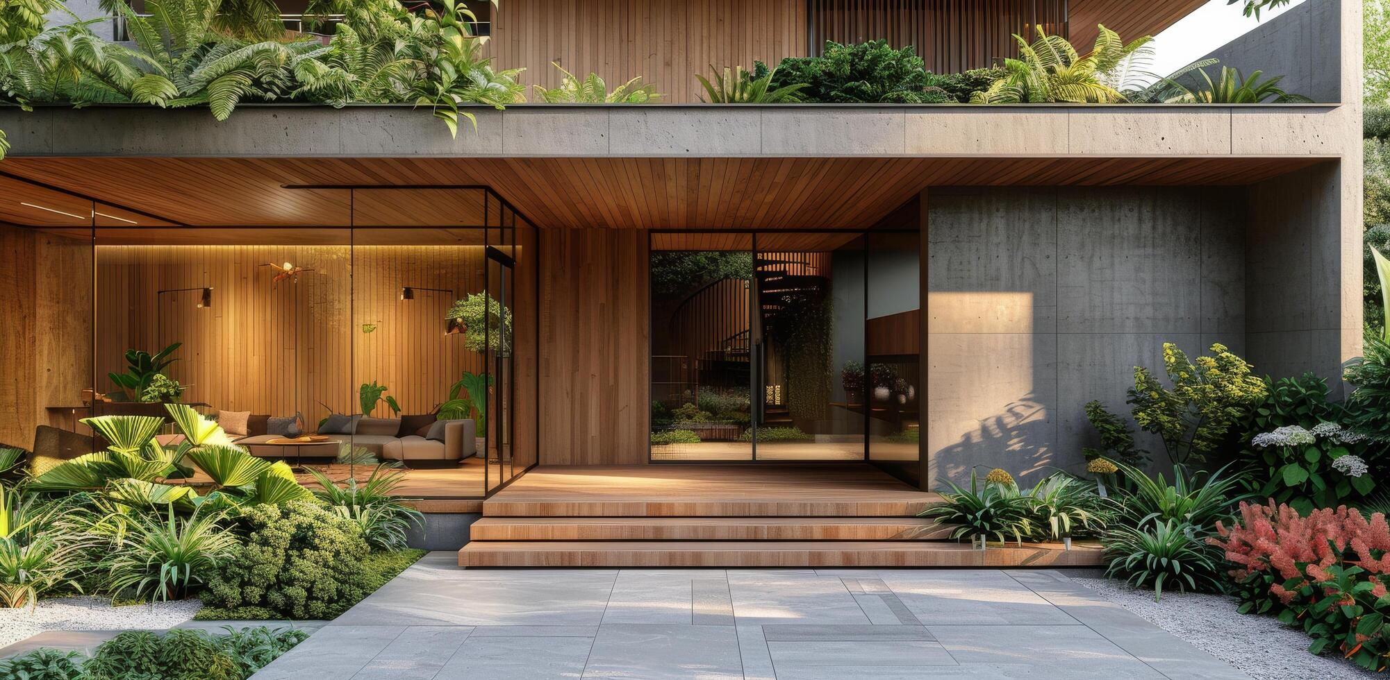 moderno de madera hogar Entrada con lozano verdor foto