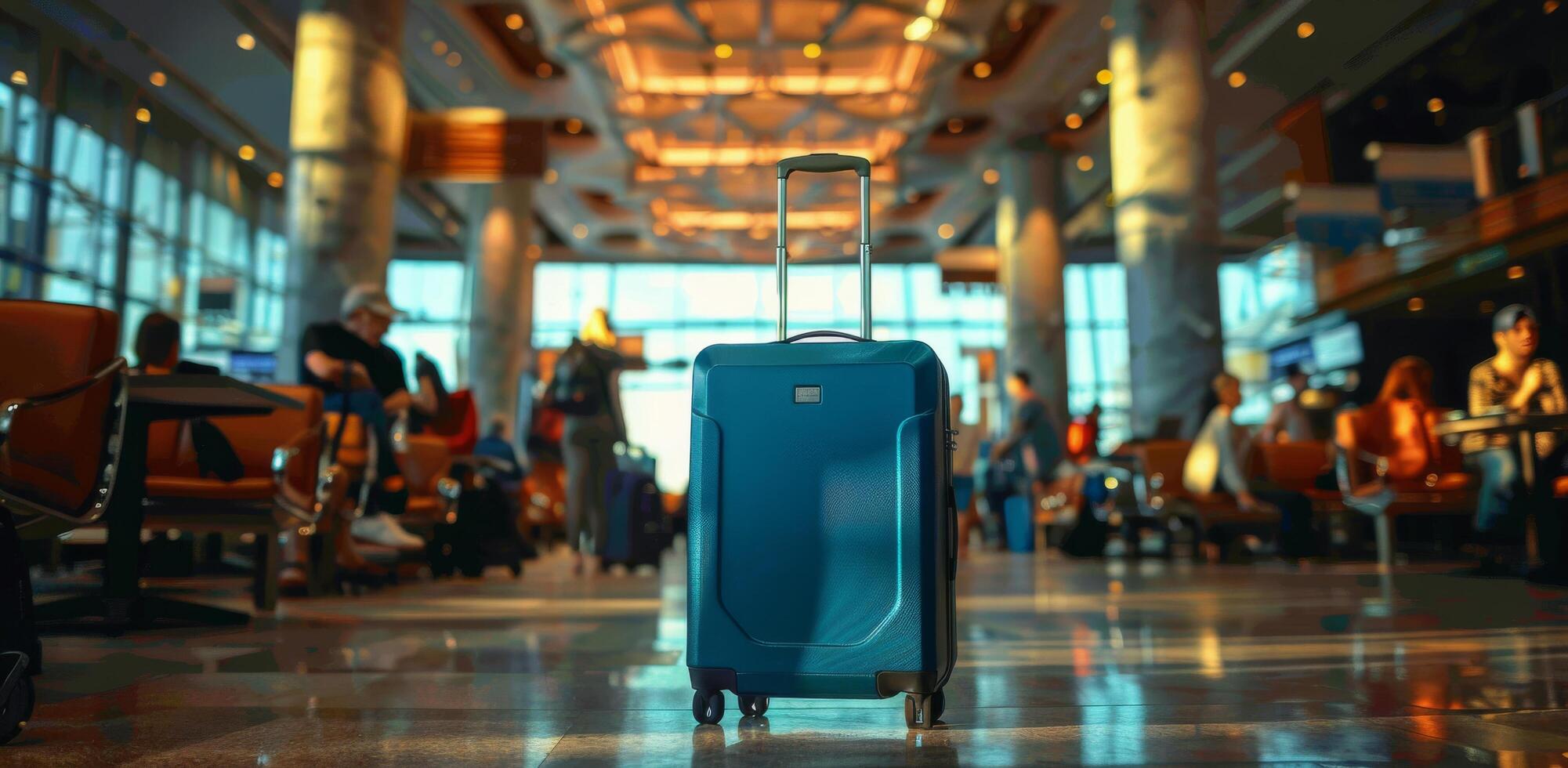 Blue Suitcase Ready For Travel In Airport Lounge photo