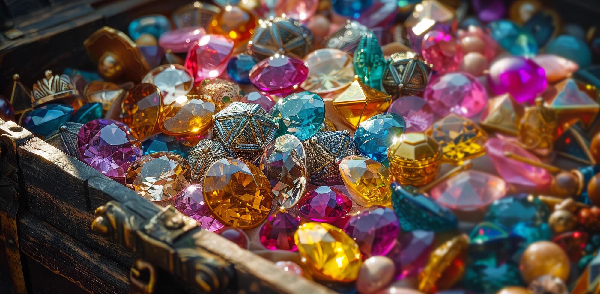 Colorful Gemstones and Jewelry Inside Wooden Treasure Chest photo