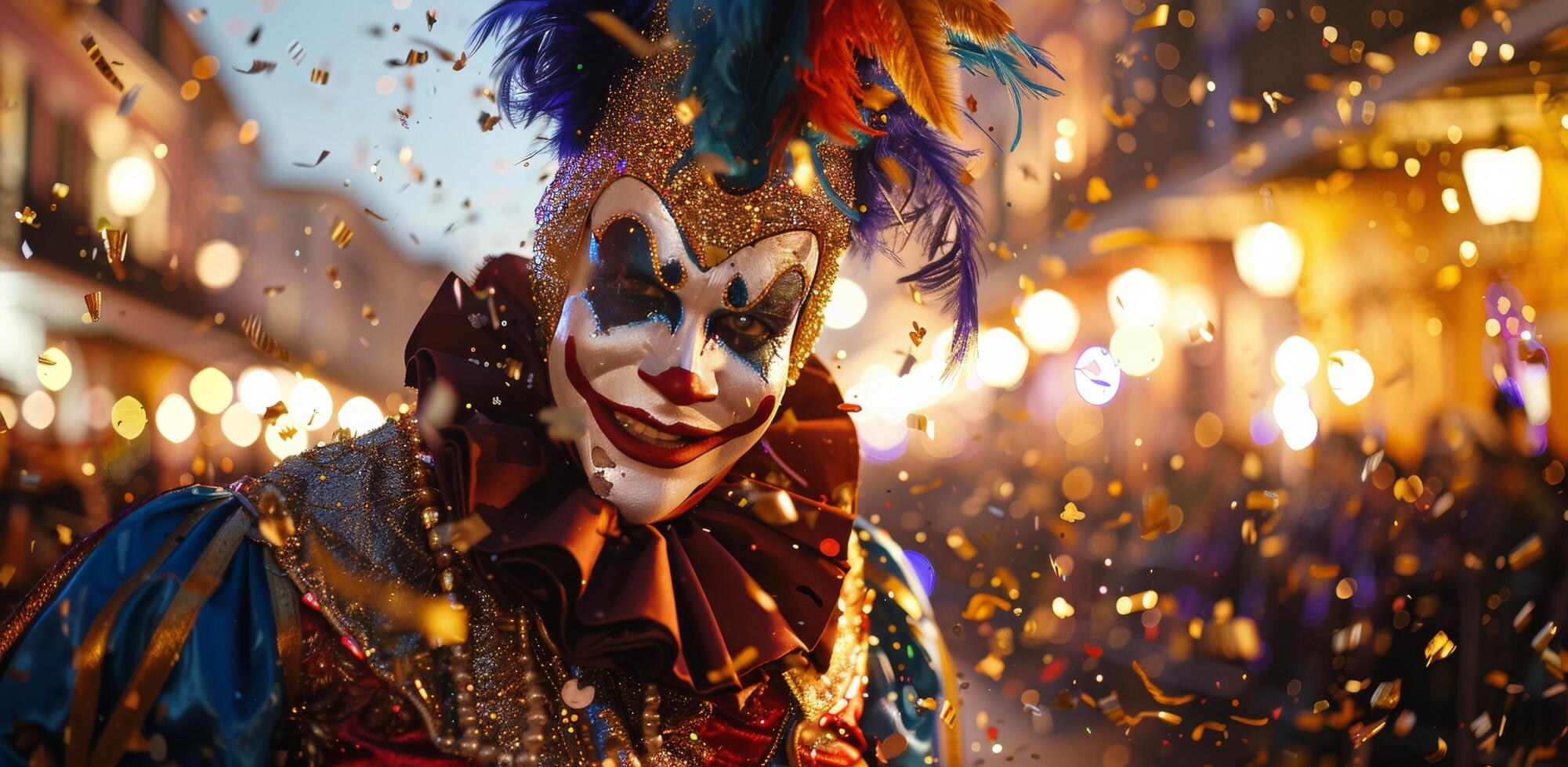 Costumed Jester Smiles Amidst Confetti During Festive Nighttime Parade photo