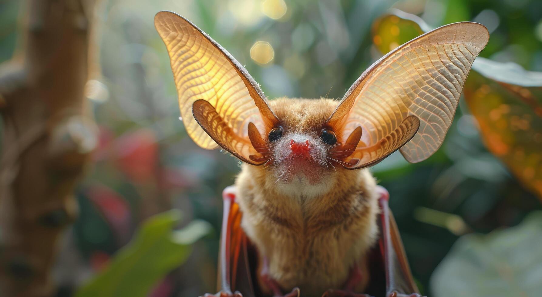 Brown Bat With Large Ears Perched On Rocks photo