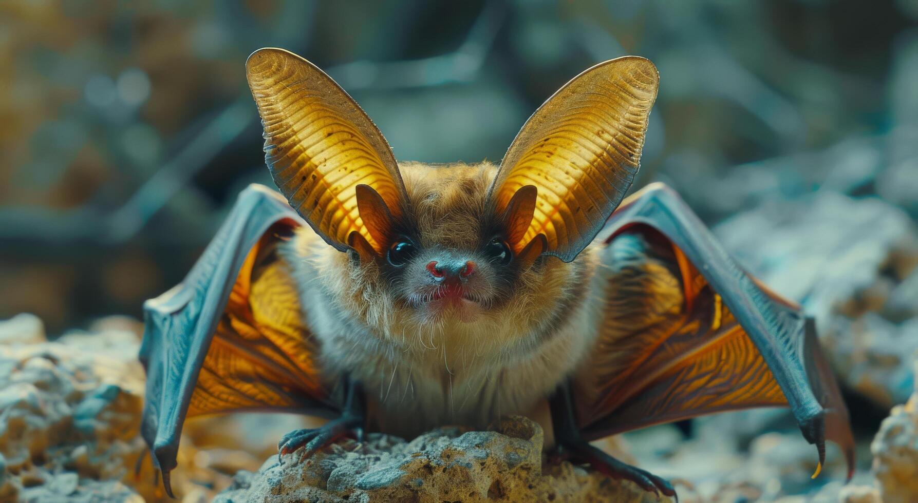 Brown Bat With Large Ears Perched On Rocks photo