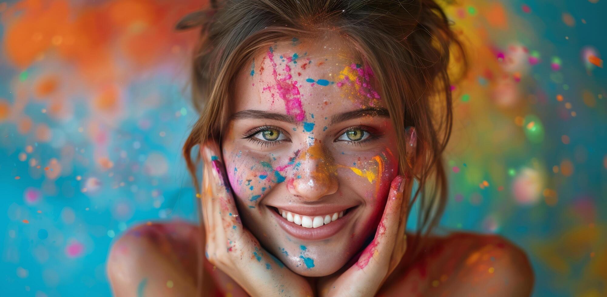 Young Woman Covered in Colorful Paint Smiles at a Festival photo