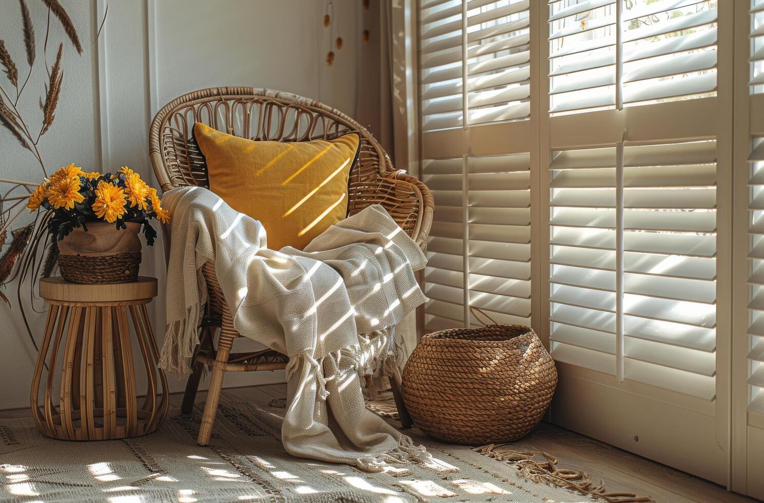 Cozy Living Room Chair With Blanket and Yellow Pillow Near Window With White Shutters photo